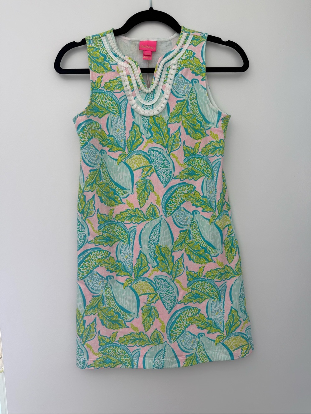 Lilly Pulitzer Pink, Aqua & Lime Sleeveless Shift Dress with Beaded Trim